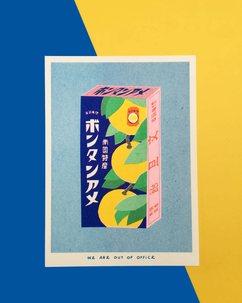 A risograph print of a package with Japanese powdery candy