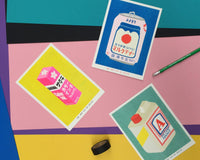 A risograph print of a japanese can of milky tea