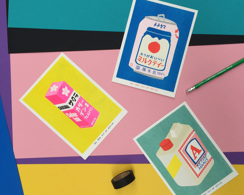 A risograph print of a japanese can of milky tea