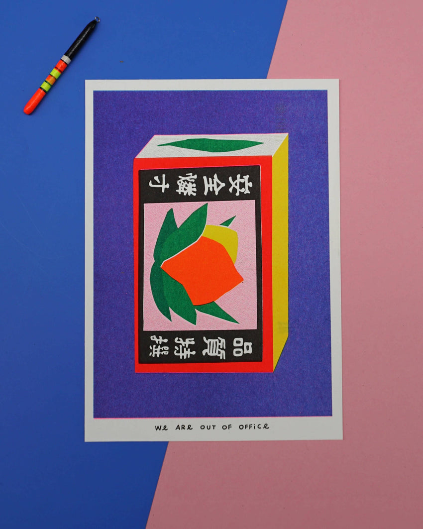 A risograph print of a Japanese matchstick box