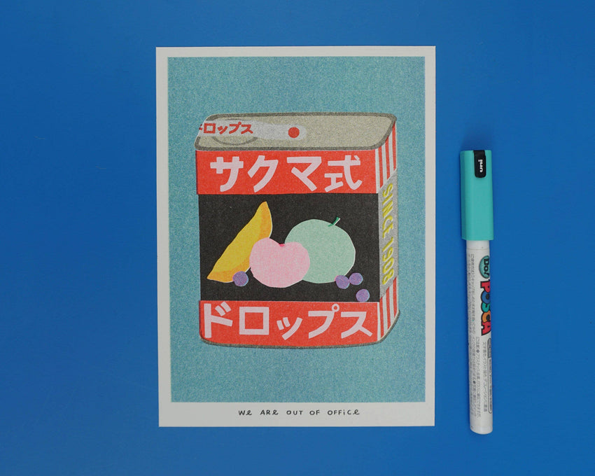 A risograph print of a tin can of Sakuma Drops