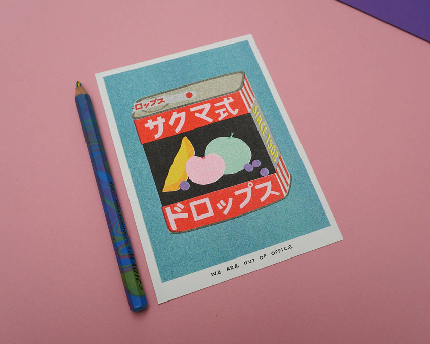 A risograph print of a tin can of Sakuma Drops