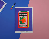 A risograph print of a Japanese matchstick box