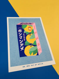 A risograph print of a package with Japanese powdery candy