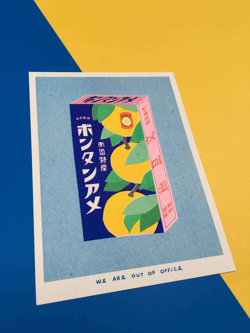 A risograph print of a package with Japanese powdery candy