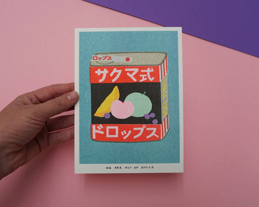 A risograph print of a tin can of Sakuma Drops