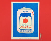 A risograph print of a japanese can of milky tea