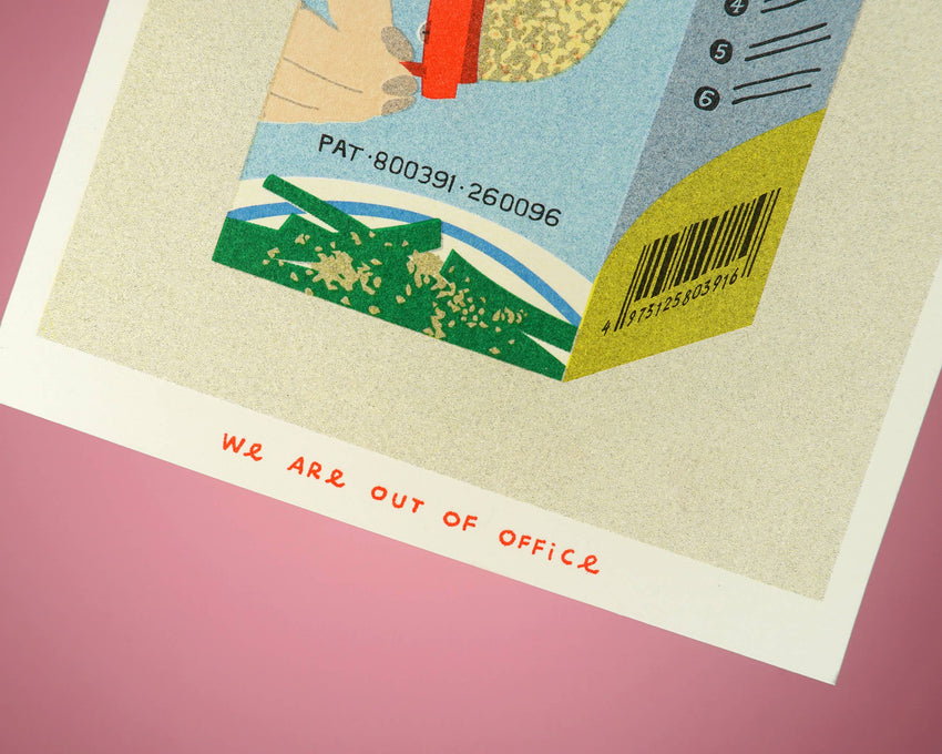 A risograph print of a box of a sesame grinder