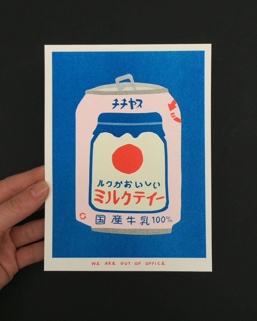 A risograph print of a japanese can of milky tea