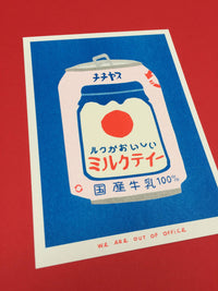 A risograph print of a japanese can of milky tea